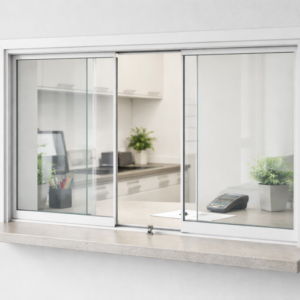 Palveluluukku liukulasilla asiakaspalvelupisteessä, karkaistu turvalasi ja lukittava rakenne