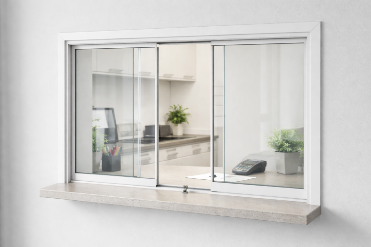 Palveluluukku Palveluluukku liukulasilla asiakaspalvelupisteessä, karkaistu turvalasi ja lukittava rakenne