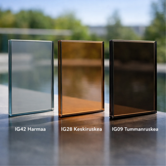Sävytetyt karkaistut ja laminoidut turvalasit IG42 harmaa, IG28 keskiruskea ja IG09 tummanruskea