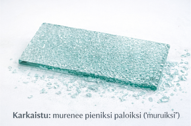 Karkaistu lasi rikkoutuneena – murenee pieniksi paloiksi