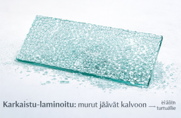 Karkaistu-laminoitu lasi rikkoutuneena – murut jäävät kalvoon turvallisesti