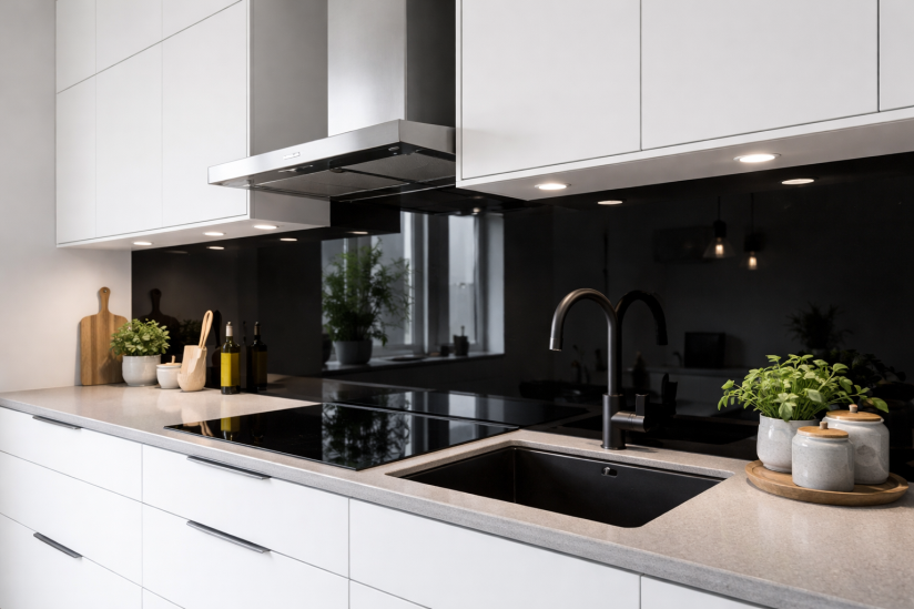 Musta Lacobel karkaistu lasi 6 mm – korkeakiiltoinen ja peilimäinen sisustuslasi