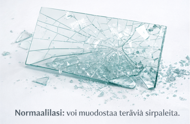 Normaalilasi rikkoutuneena – terävät sirpaleet ja pitkät murtumat