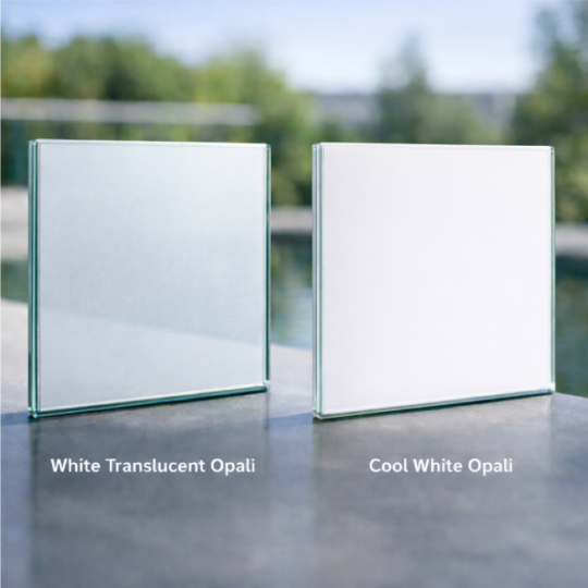 Opaali karkaistu ja laminoitu turvalasi White Translucent Opal ja Cool White Opal