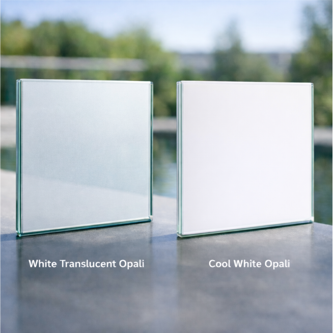Opaali turvalasi – White Translucent Opal & Cool White Opal Opaali karkaistu ja laminoitu turvalasi White Translucent Opal ja Cool White Opal