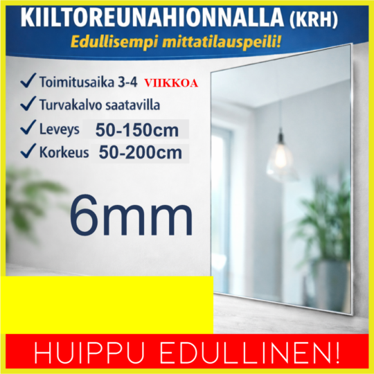 6 mm peili kiiltoreunahionnalla, jämäkkä mittatilauspeili seinälle