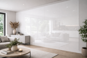 Pure White Lacobel 8 mm – korkeakiiltoinen lasiseinä Pure White Lacobel karkaistu lasi 8 mm seinäpaneelina, korkeakiiltoinen valkoinen sisustuslasi