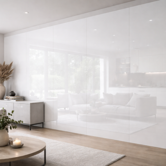 Pure White Lacobel karkaistu lasi 8 mm seinäpaneelina, korkeakiiltoinen valkoinen sisustuslasi