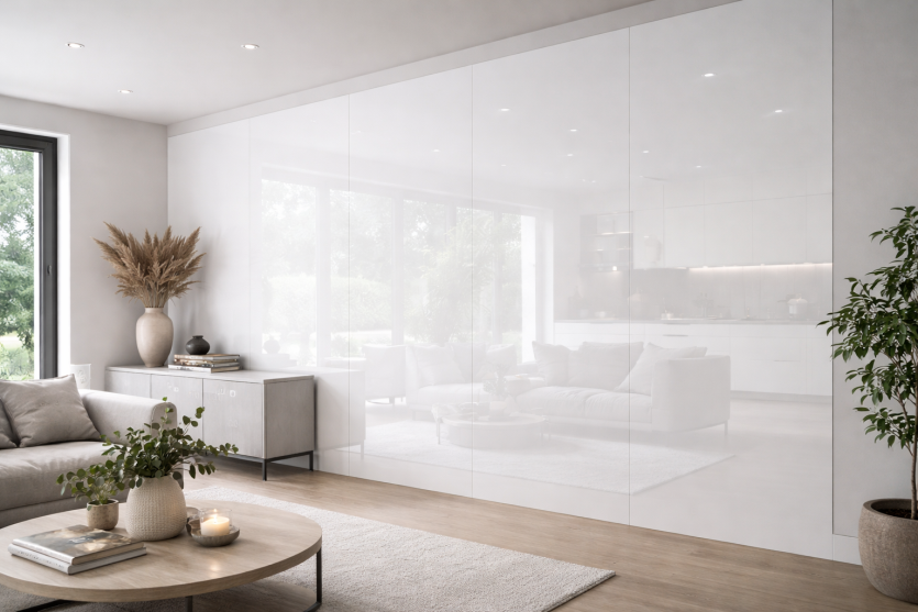 Pure White Lacobel karkaistu lasi 8 mm seinäpaneelina, korkeakiiltoinen valkoinen sisustuslasi