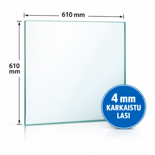 4 mm karkaistu kirkas kasvihuonelasi 610x610 mm mittakuva