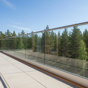 GPR1 tolpaton lasikaide asennettuna terassille lattiakiinnityksellä, moderni alumiiniprofiili ja kirkas turvalasi suomalaisessa maisemassa.