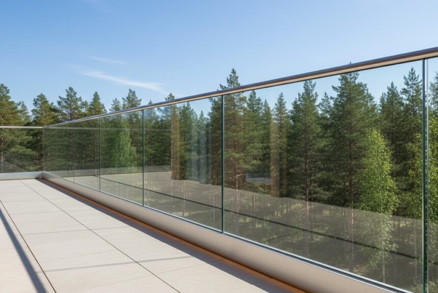 Säädettävä GPR1 lasikaidekisko ja alumiiniprofiili, GPR1 tolpaton lasikaide asennettuna terassille lattiakiinnityksellä, moderni alumiiniprofiili ja kirkas turvalasi suomalaisessa maisemassa.